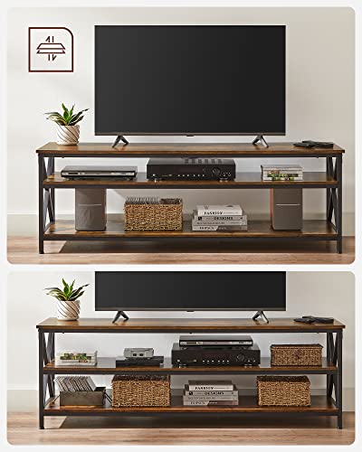 TV Stand, TV Table, TV Console for up to 65-Inch TVs, with Open Storage Shelves, X-Shape Steel Frame, Farmhouse Industrial Design, 147 x 40 x 50 cm, Rustic Brown and Black