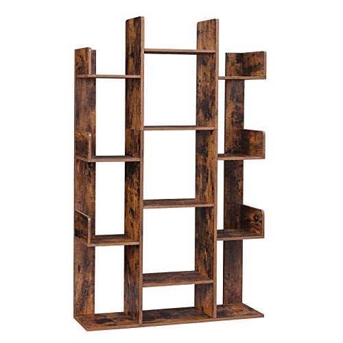 Bookshelf, Tree-Shaped Bookcase with 13 Storage Shelves, 86 x 25 x 140 cm, with Rounded Corners, Rustic Brown