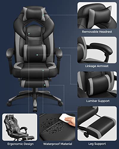 Gaming Chair, Office Racing Chair with Footrest, Ergonomic Design, Adjustable Headrest, Lumbar Support, 150 kg Weight Capacity, Black and Grey