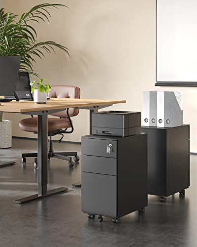 Office Filing Cabinet Mobile Storage Cabinet with Wheels and Lock for Documents and Suspension File with 3 Drawers Black