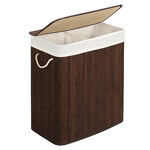 Divided Laundry Basket with Lid, Bamboo Laundry Hamper with 2 Sections, Removable Liners, Cotton Handles, 100L Storage Capacity, for Laundry Room, Bedroom, Brown