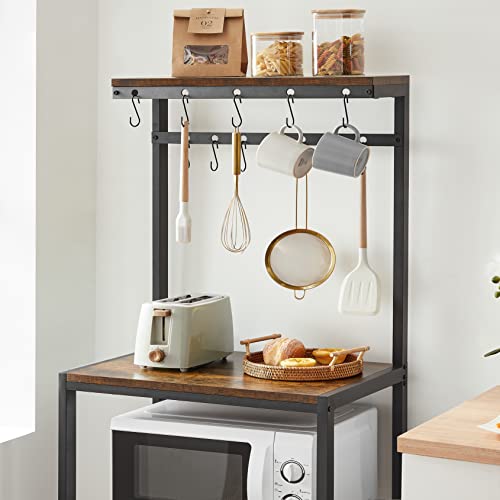 Kitchen Storage Unit, Shelf Organiser and Baker's Rack with Storage Shelves, 12 Hooks, Industrial Microwave Oven Shelf, 60 x 40 x 151.5 cm, Rustic Brown and Black