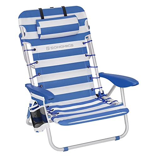 Beach Chair, Folding Camping Chair, Portable Outdoor Chair, Carry as a Backpack, with Adjustable Backrest, Headrest, Armrest, 2 Side Pockets, Blue and White