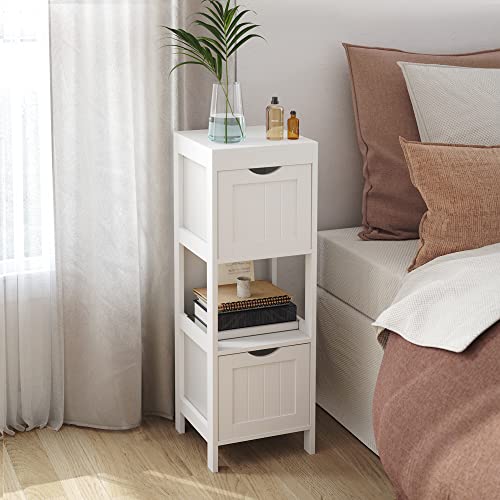 Corner Bedside Table Medicine Cabinet Storage for Bathroom Wooden 1 Open Compartment 2 Drawers Feet Country House Style White, MDF panels, 30 x 89 x 30 cm