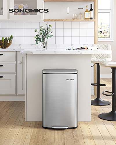 Kitchen Pedal Bin, 50L Rubbish Waste Bin, with Plastic Inner Bucket, Hinged Lid, Soft Closure, Odour Proof and Hygienic, Silver