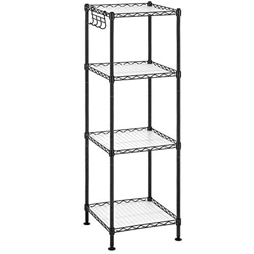 Bathroom Shelf, 4-Tier Wire Shelving Unit, Metal Storage Rack, Total Load Capacity 80 kg, with 4 PP Sheets, Removable Hooks, 30 x 30 x 102 cm for Small Space, Black