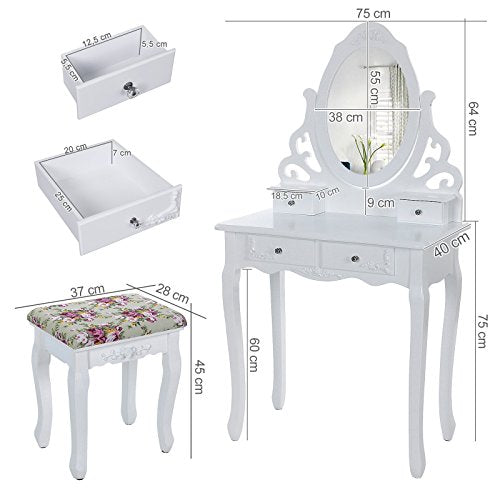 Princess Dressing Table Stool Set and 360 Degree Swiveling Mirror Makeup Desk 4 Drawers Vanity Furniture Easy to Assemble Bedroom White