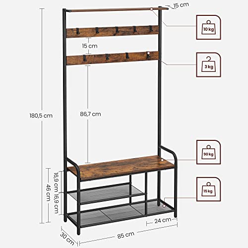 Coat Rack with Shoe Bench, 9 Removable Hooks, Top Shelf for Entrance, Hallway, Bedroom, Rustic Brown and Black