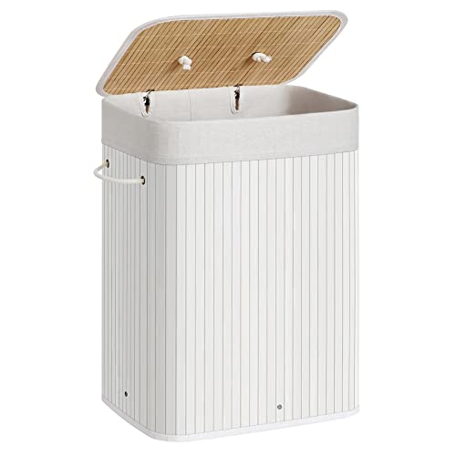 Bamboo Laundry Basket, 72L Foldable Laundry Hamper, Rectangular Storage Hamper with 3 Handles, 40 x 30 x 60 cm, White