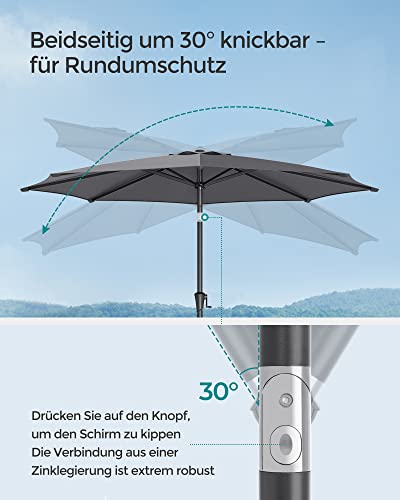 264 cm Garden Parasol Umbrella, UPF 50+, Sun Shade, 30° Tilt in 2 Directions, Crank Handle for Opening and Closing, for Outdoor Gardens Pool Balcony Patio, Base Not Included, Grey