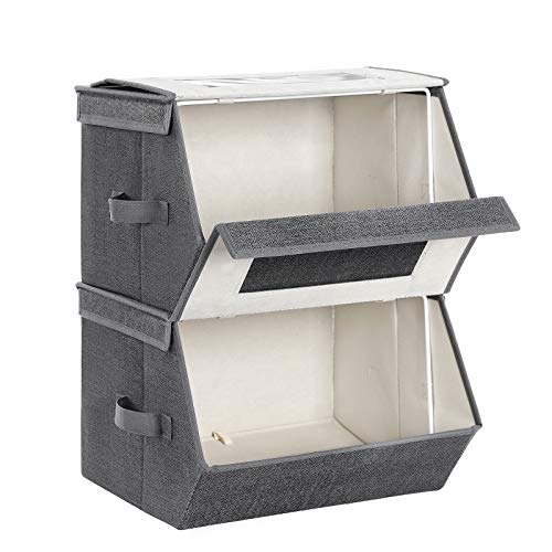 Set of 2 Stackable Storage Bins with Transparent Windows, Magnetic Lid and Side Handles, for Toys, Clothes, Gray and Beige