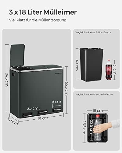 Recycling Bin, 3 x 18 L Triple Kitchen Bin, 3 Compartment Pedal Bin with Soft-Close Lids, Plastic Inner Buckets, and Handles, Anthracite Grey