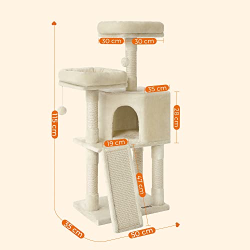 Small Cat Scratching Post with Scratching Board Platforms for Cat Soft Plush 115 cm Fully Sisal Wrapped Column Beige