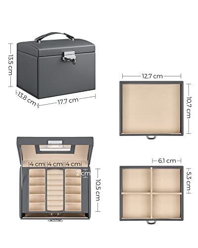 Jewellery Box, Travel Jewellery Case, Portable, Lockable Jewellery Organiser with 2 Drawers, Mirror, Lock and Keys, Gift Idea, Grey