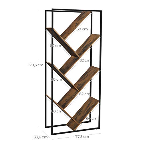 Bookcase, Industrial Tree-Shaped Bookshelf, Floor Standing Ladder Shelf in Living Room, Room Divider, Easy Assembly, 178.5 cm Tall, Steel, Rustic Brown