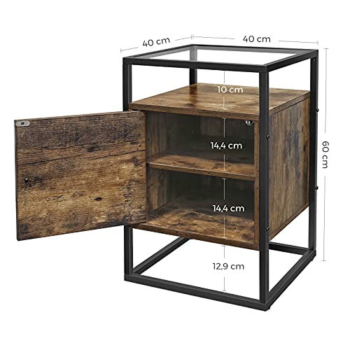 Nightstand, Bedside Cabinet, Glass Side Table with Cupboard, End Table, for Bedroom, Living Room, Hall, Stable Tempered Glass, Easy Assembly, Industrial Design, Rustic Brown