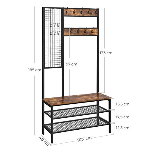 Coat Rack, Coat Stand with Grid Wall, Shoe Rack, Hall Tree, 2 Mesh Shelves, Hooks, 185 cm Tall, Lots of Storage Space, Easy to Assemble, Industrial Style, Rustic Brown