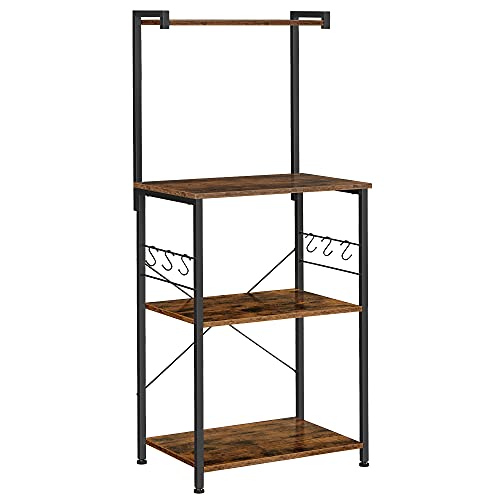 Kitchen Rack 3 Tier Stand Rack with 6 S-shaped Hooks Industrial Design Microwave Cooking Utensils Spices Pots and Pans Vintage Brown-Black