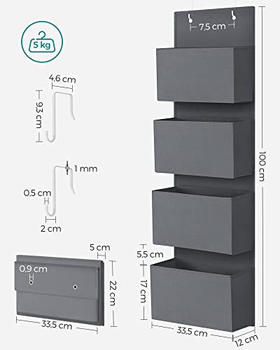 Over-Door Storage with 4 Pockets, Wall Hanging Storage Organiser, Practical and Spacious, for Children’s Room Office Bedroom, 33.5 x 12 x 100 cm, Grey