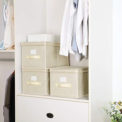 Set of 3 Foldable Storage Boxes with Lids, Fabric Cubes with Label Holders, Storage Bins Organiser, 40 x 30 x 25 cm, Beige