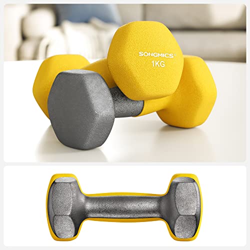 Set of 2 Dumbbells, 2 x 1 kg, Non-Slip Neoprene Hand Weights, with Matte Finish, for Home Workout, Yellow