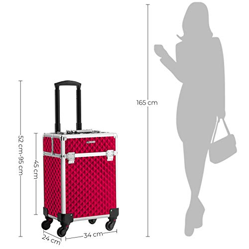 Cosmetic Case Trolley Makeup Case with Handle with 4 Universal Wheels with 4 Extendable Compartments for Travel Red