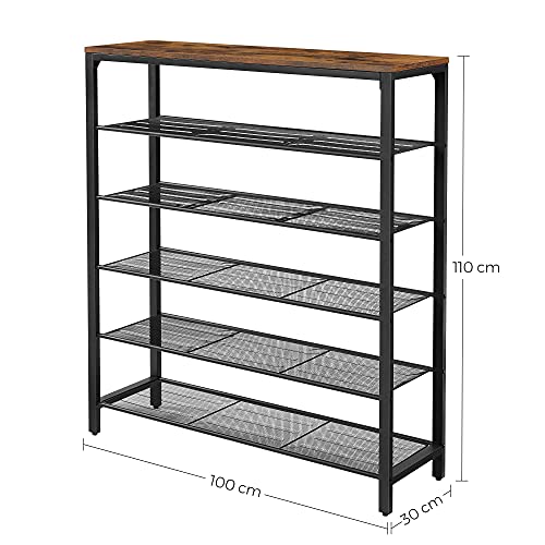 Shoe Rack with 5 Grid Levels and Large Surface for Entrance, Hallway, Metal Industrial Frame Design, Vintage Brown-Black