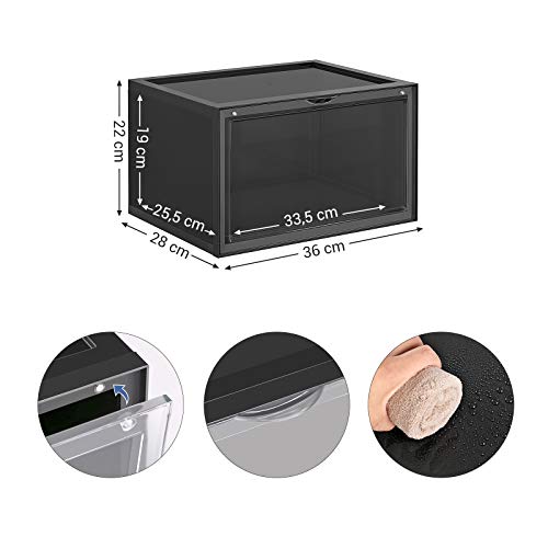 Shoe Boxes, Pack of 6 Stackable Shoe Organisers with Clear Door, Plastic Shoe Storage for UK Size 11, 36 x 28 x 22 cm, Black