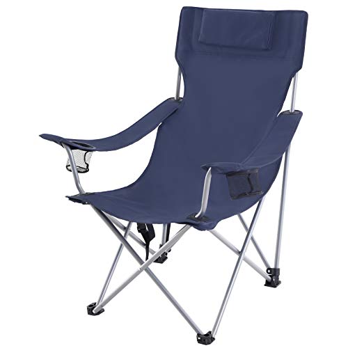 Folding Camping Chair, Outdoor Chair with Armrests, Headrest and Cup Holder, Stable Structure, Max. Capacity 150 kg, Dark Blue