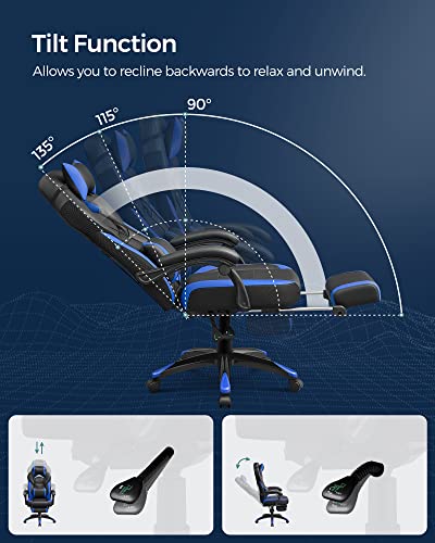 Gaming Chair, Office Racing Chair with Footrest, Ergonomic Design, Adjustable Headrest, Lumbar Support, 150 kg Weight Capacity, Black and Blue