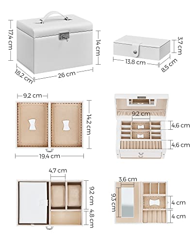 Jewellery Box, Organiser with 2 Drawers, Lockable Case with Mirror, Portable Travel Case, for Rings, Bracelets, Earrings, Necklaces, Velvet Lining, Gift, White