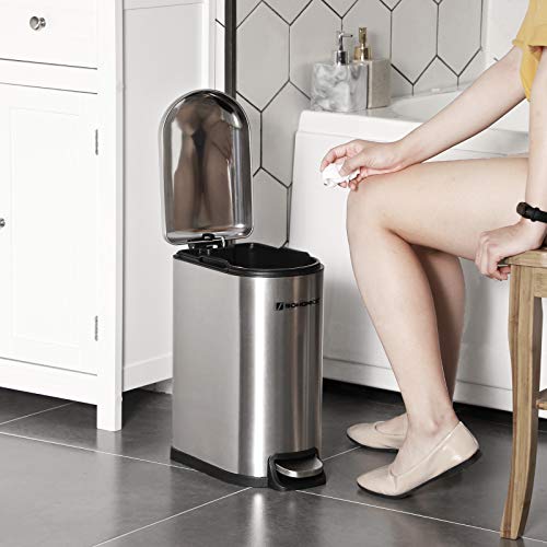 Slim Rubbish Bin, 10L Pedal Bin, Steel, Removable Inner Bucket, Slow Closure, for Narrow Space, Silver