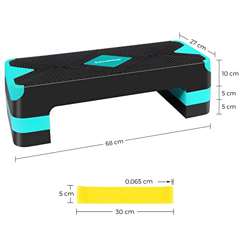 Fitness Aerobic Stepper with a Resistance Band, Adjustable Height 3 Levels Step Platform (10/15/20 cm), Exercise Workout Step Board, for Home and Office Fitness, Black and Lake Blue