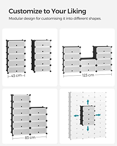 Interlocking Shoe Rack, Rectangular Storage Organiser, 10 Slot Modular DIY Storage Shelf Unit, 40 x 30 x 17 cm for Each Slot, Plastic Wardrobe with Doors, Black