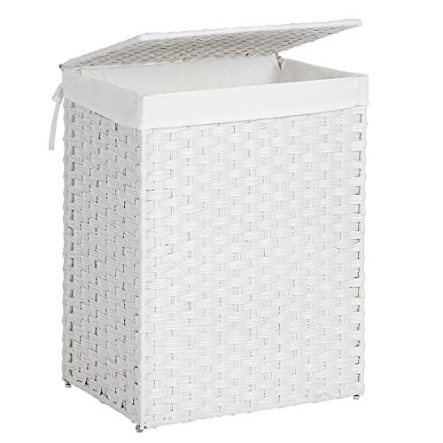 Handwoven Laundry Basket, 90L Synthetic Rattan Clothes Hamper with Lid and Handles, Foldable, Removable Liner Bag, White