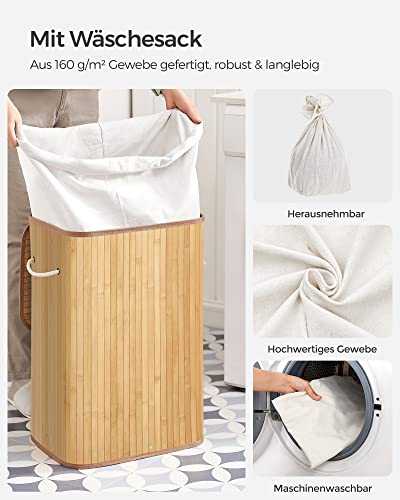 Bamboo Laundry Basket, XL Foldable Storage Hamper with Removable Washable Lining, 72L, 40 x 30 x 60 cm, Natural