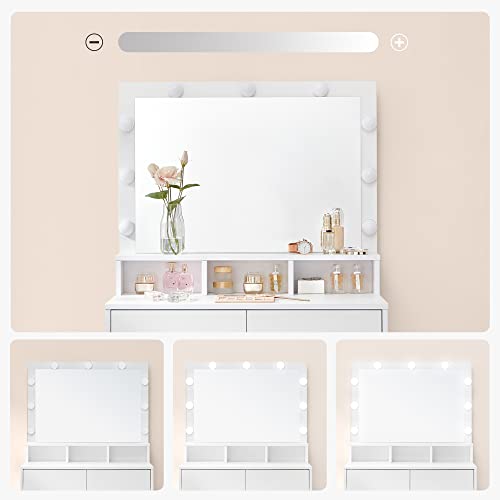 Dressing Table Vanity Table with 9 LED Bulbs and Mirror Adjustable Brightness 2 Drawers and 3 Open Compartments Drawers Modern White