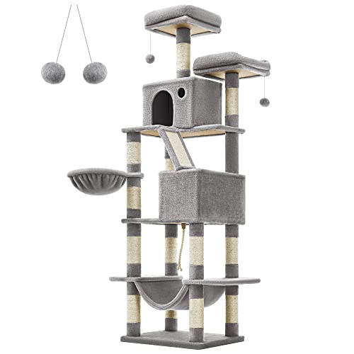 Cat Tree, 206 cm Large Cat Tower with 13 Scratching Posts, 1 Scratching Ramp, 2 Perches, 2 Caves, Basket, Hammock, Pompoms, Multi-Level Plush Cat Condo for Indoor Cats, Light Grey