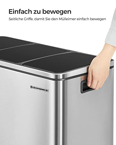 Recycling Bin, 3 x 18 L Triple Kitchen Bin, 3 Compartment Pedal Bin with Soft-Close Lids, Plastic Inner Buckets, and Handles, Silver and Black