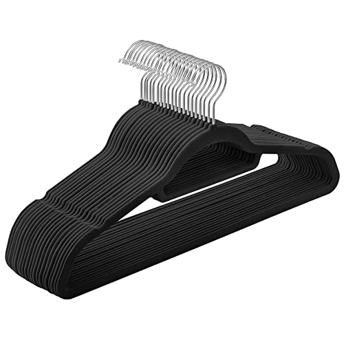 Velvet Hangers, Set of 20 Clothes Coat Hangers, Non-Slip, with Tie Bar and 360° Swivel Hook, Space-Saving, 0.6 cm Thick, 43.5 cm Long, for Dresses Trousers, Black