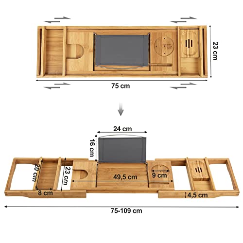 Extendable Bamboo Bath Shelf with Drink, Bookend, Soap Holder 75-109 x 4.5 x 23 cm (W x H x D), Natural, (75-109) x4,5x23cm