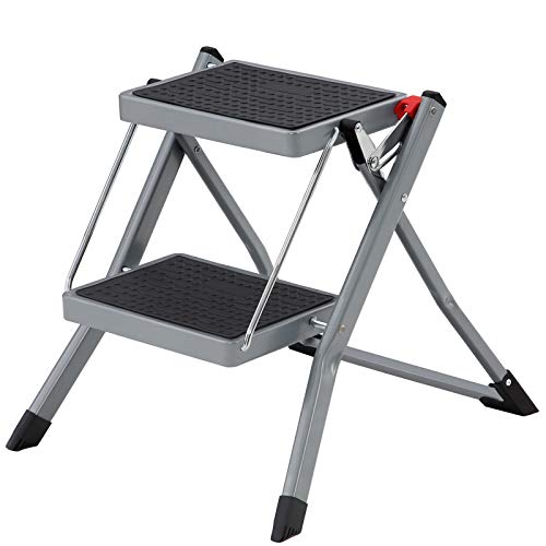 2-Step Ladder, Folding Ladder, 20 cm Wide Steps Covered with Non-Slip Rubber, with Handle, Max. Static Load 150 kg, Steel, Grey and Black