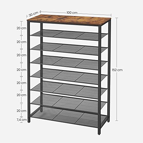 8-Tier Shoe Rack, Shoe Storage with 7 Metal Mesh Shelves, for 32-40 Pairs of Shoes, Large Shoe Organiser, for Hallway, Bedroom, 100 x 30 x 152 cm, Rustic Brown and Black