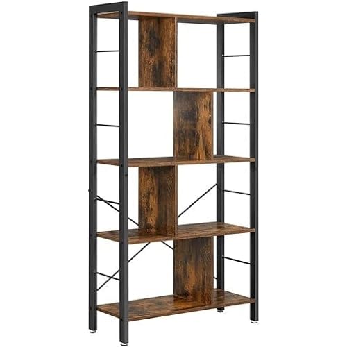 Bookshelf, Living Room Bookcase, Large 4-Tier Storage Shelf, for Office Study, Industrial Style, Easy Assembly, Steel Frame, Rustic Brown and Black