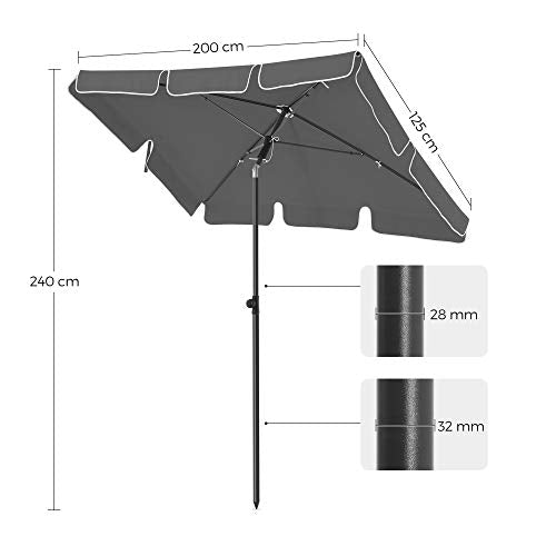 Rectangular Balcony Parasol 2 x 1.25 m, UPF 50+ Protection, Tilting Sunshade, PA-Coated Canopy, Carrying Bag, Garden Terrace, Base Not Included, Grey