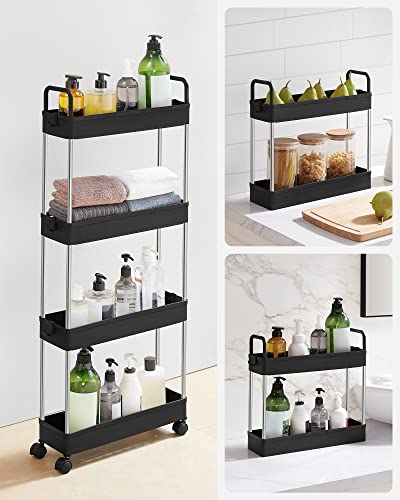 Storage Trolley,Slim Trolley, 4-Tier Kitchen Storage Trolley, Narrow Gap Bathroom Trolley with Wheels and Handles, 40 x 13 x 93 cm, Black