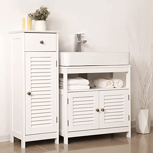 Vanity Unit Without Sink Lots of Storage Space Bathroom Cabinet with Slat Doors 2 White, MDF panels, With Open Compartment, 60 x 30 x 60 cm