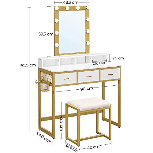 Dressing Table with Stool Vanity Table 10 LED Bulbs Mirror Adjustable Brightness Modern Bedroom Dressing Room White Gold