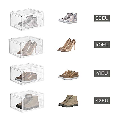 Shoe Boxes, Plastic Shoe Storage Organisers with Clear Doors, Set of 6, Stackable, Easy Assembly, 27 x 34.5 x 19 cm, up to UK Size 10, White