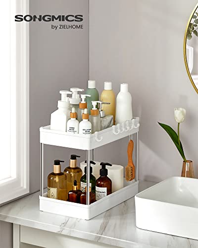 Under Sink Organizer, Under Bathroom Sink Storage 2 Tier Organizer Bath Collection Baskets with Hooks，White